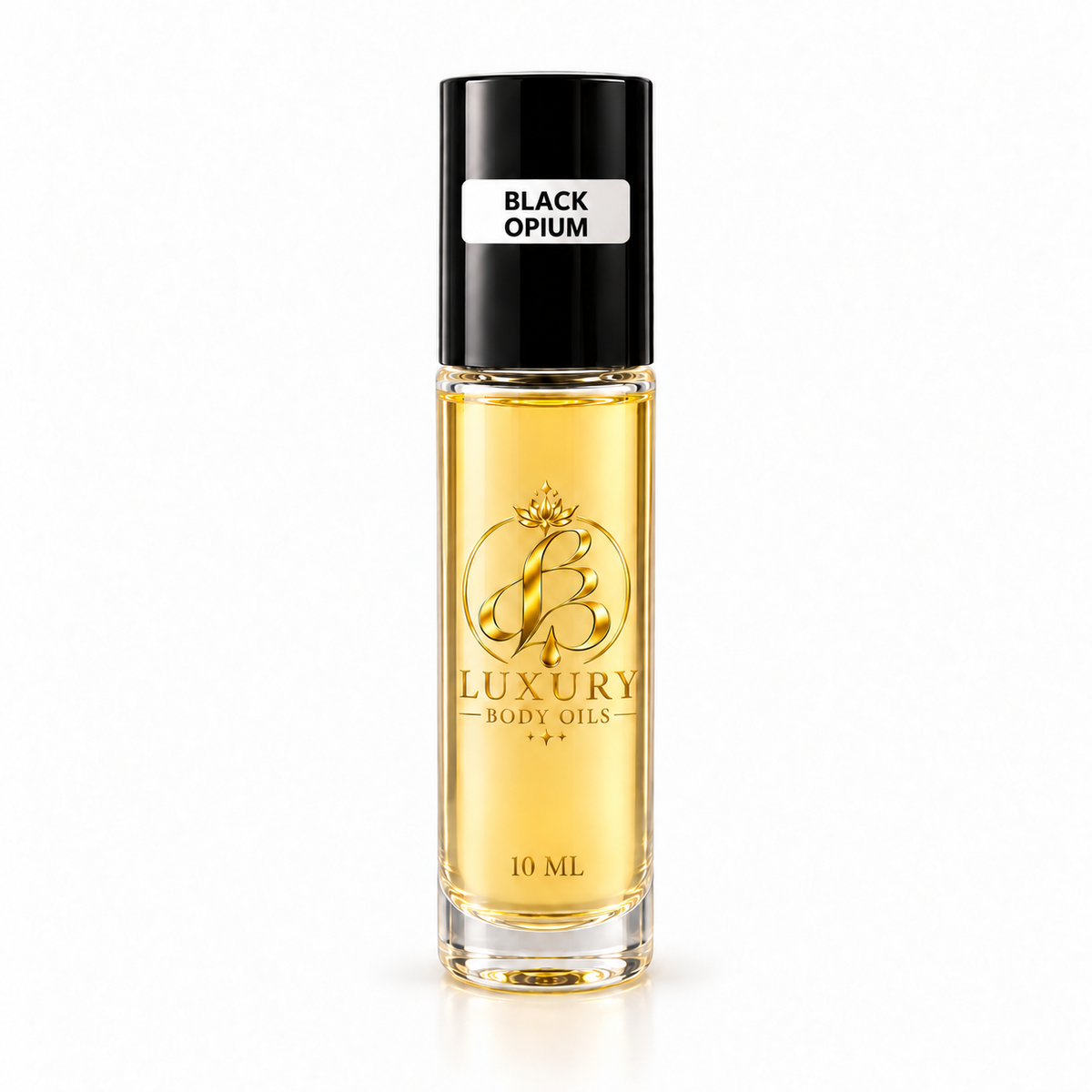 Black Opium inspired 10 mL Luxury Body Oils bottle, clean product photo