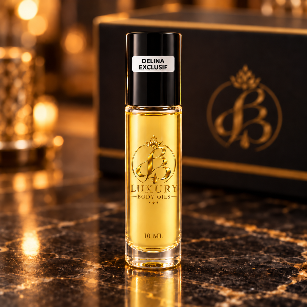 Delina Exclusif inspired 10 mL Luxury Body Oils bottle, styled product photo