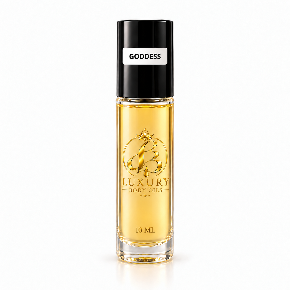 Goddess inspired 10 mL Luxury Body Oils bottle, clean product photo