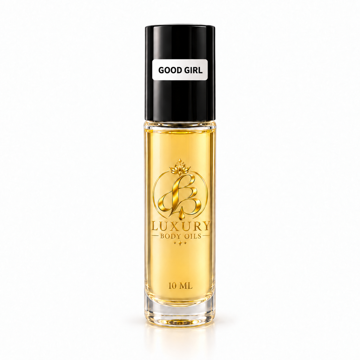 Good Girl inspired 10 mL Luxury Body Oils bottle, clean product photo