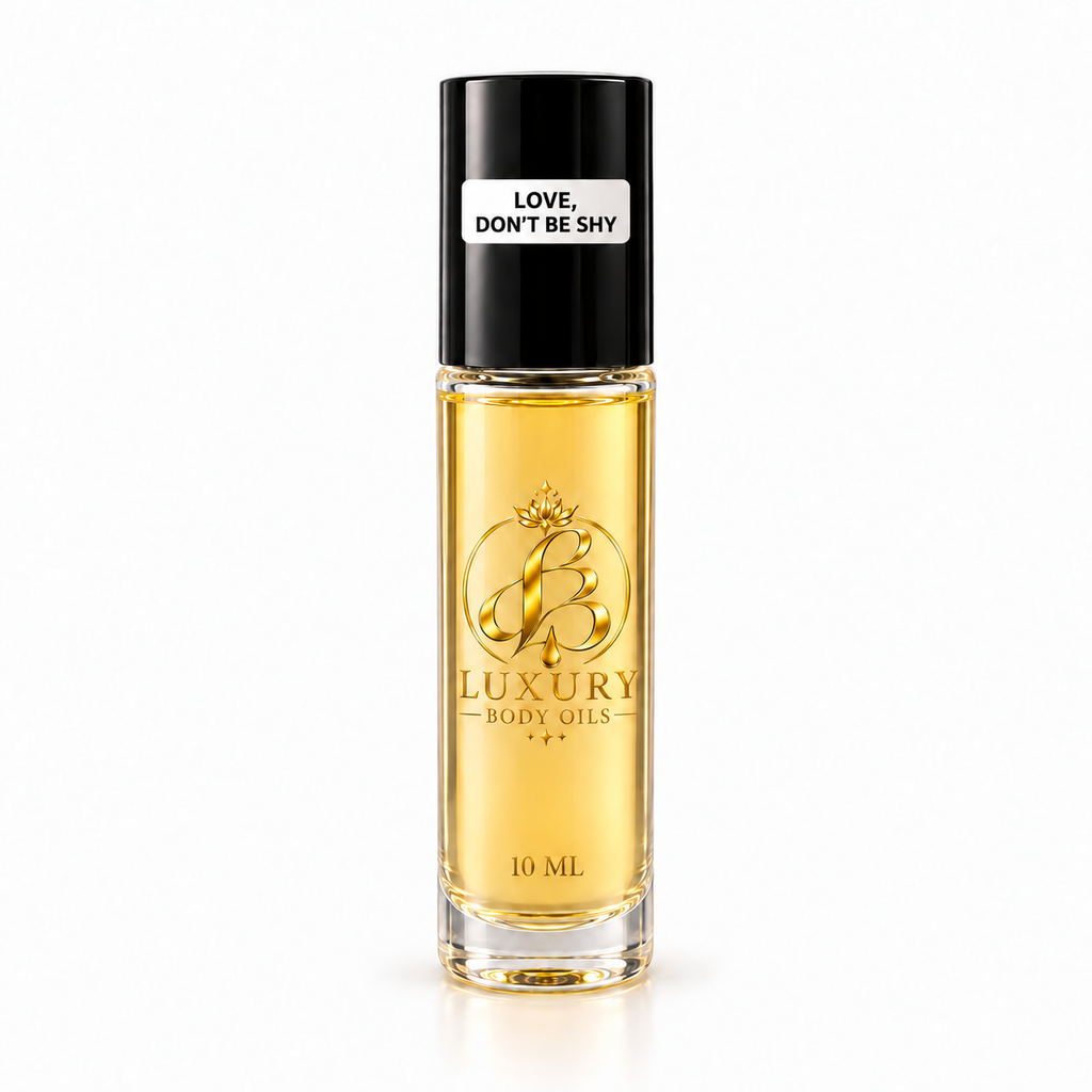 Love, Don't Be Shy inspired 10 mL Luxury Body Oils bottle, clean product photo