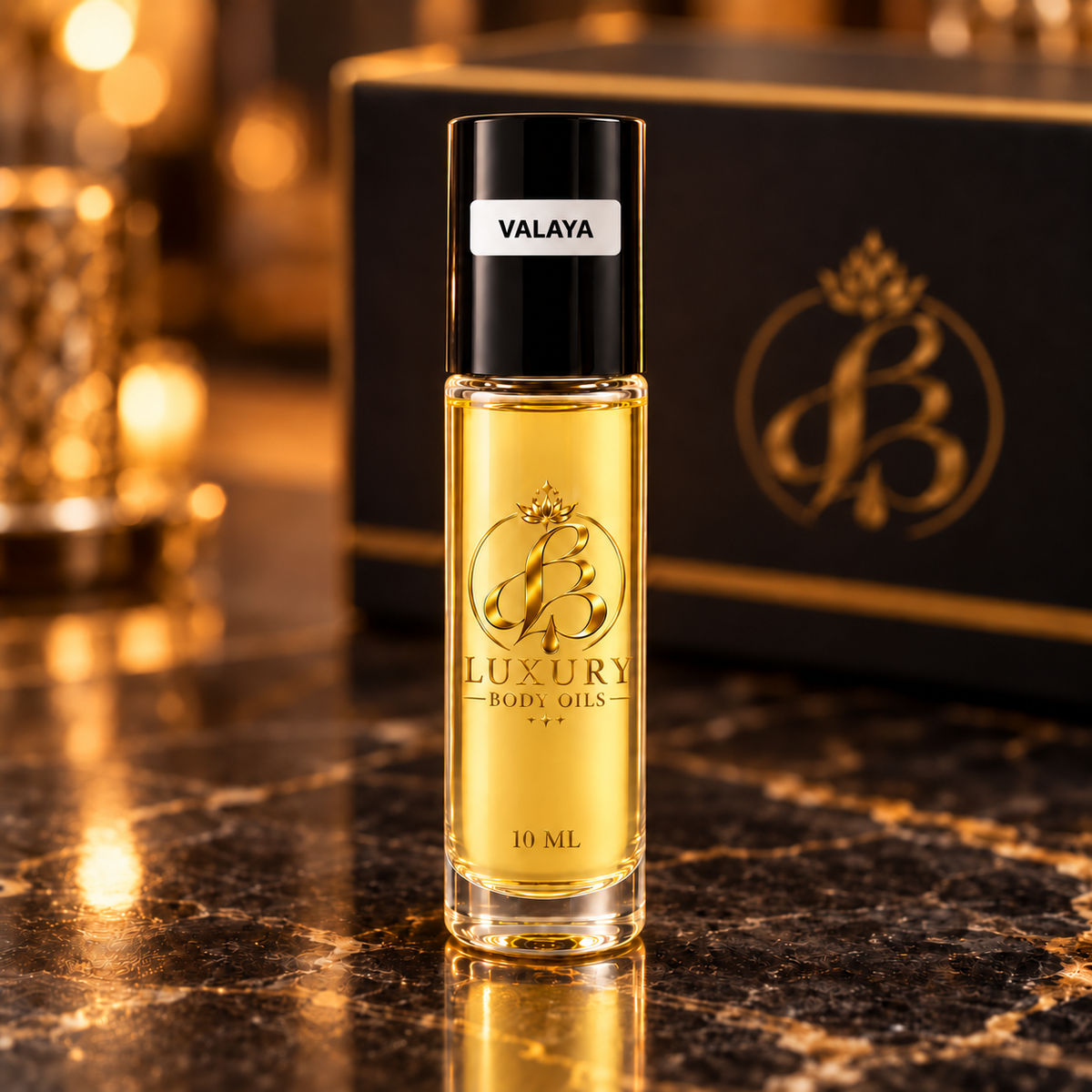 Valaya inspired 10 mL Luxury Body Oils bottle, styled product photo