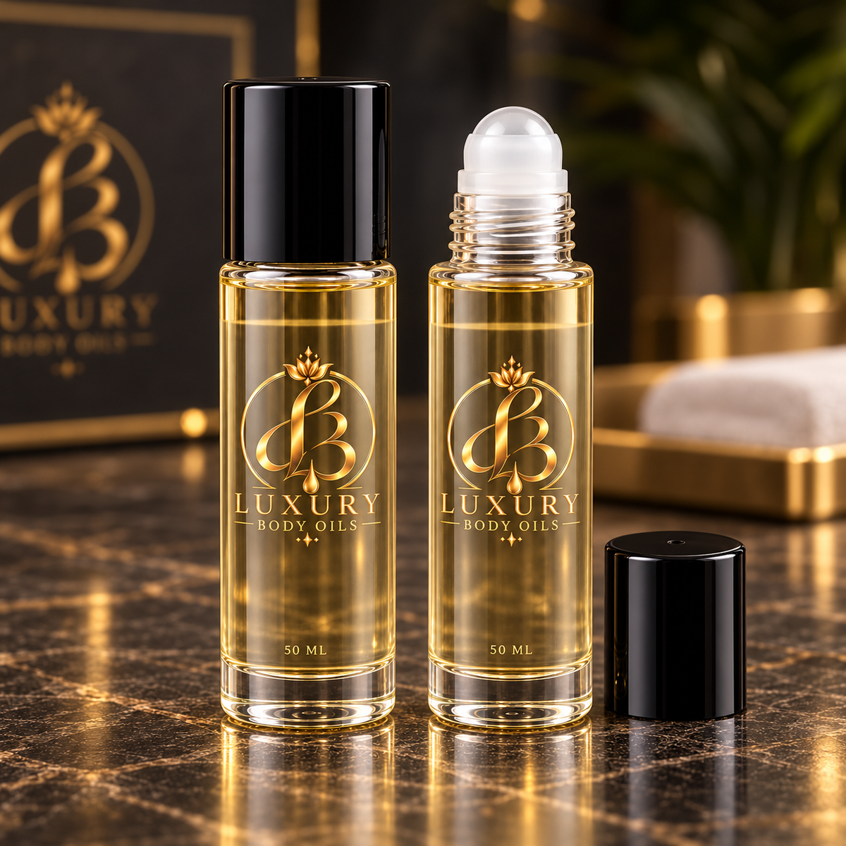 Luxury Body Oils 50 mL clear bottle with cap and white plastic rollerball