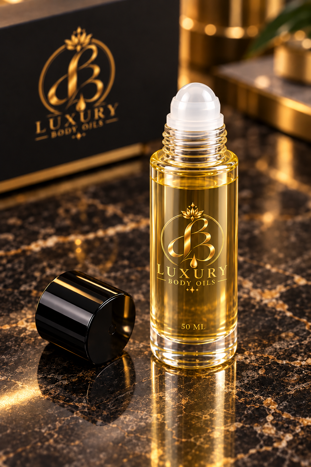 50 mL Luxury Body Oils bottle with plastic rollerball exposed