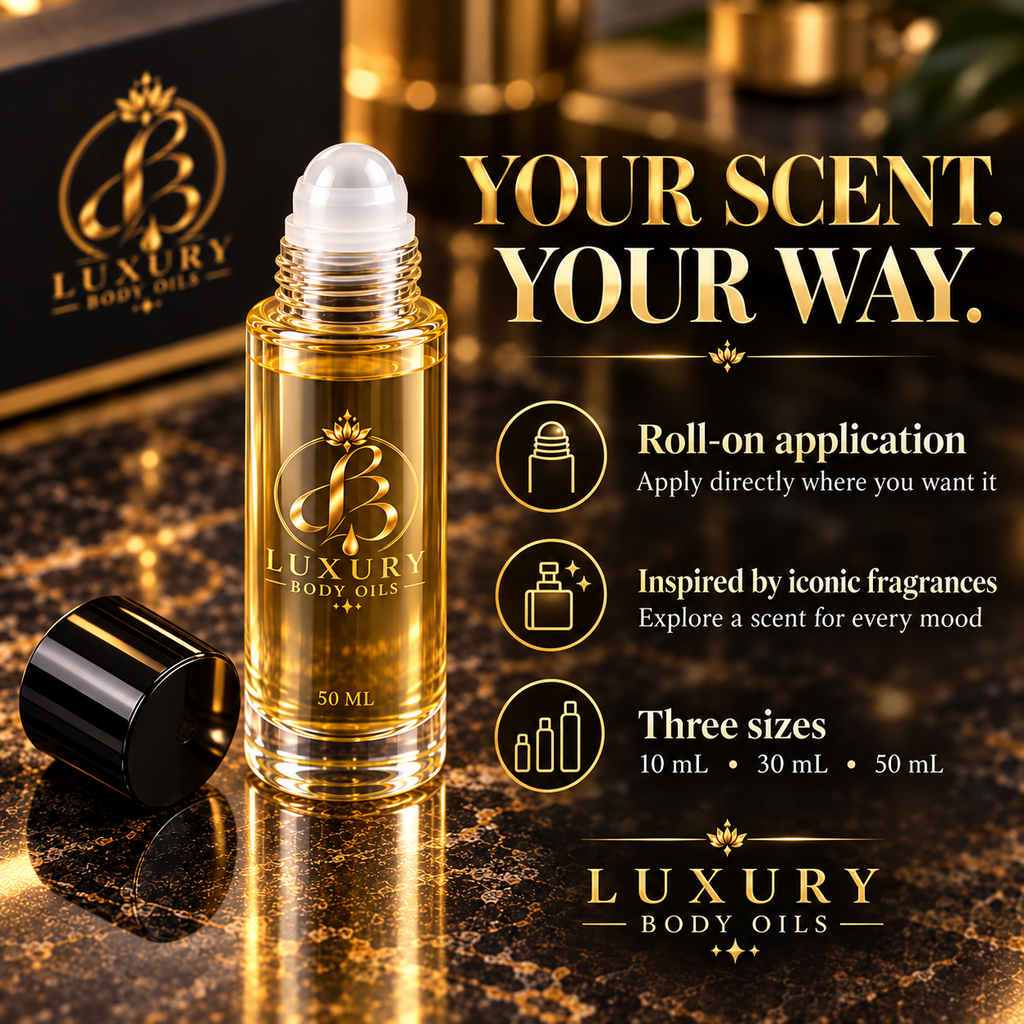 Luxury Body Oils roll-on application and available sizes