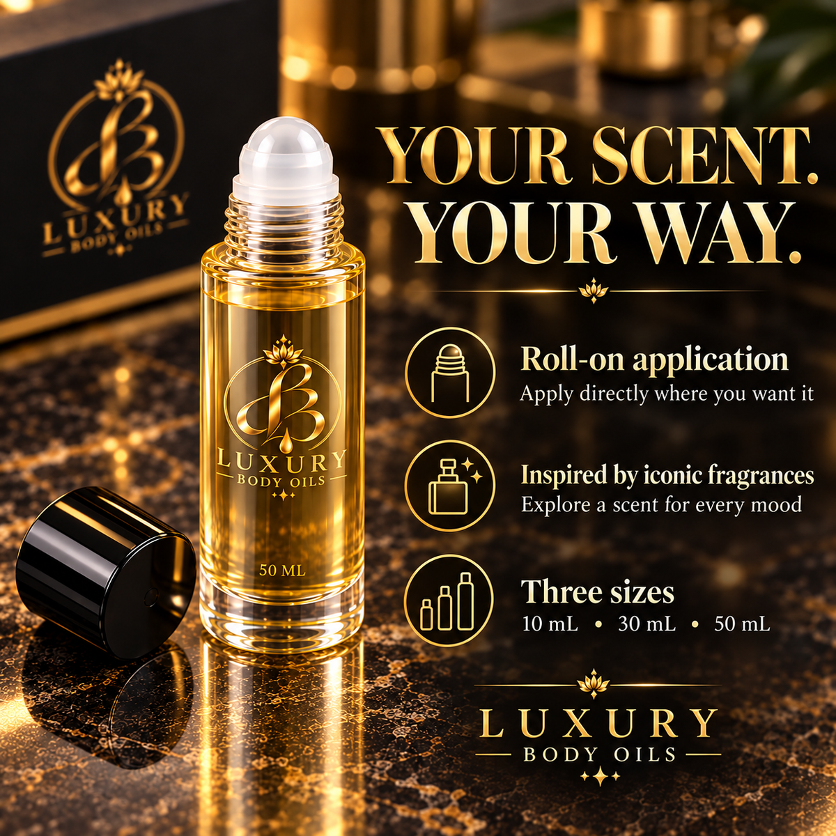 Luxury Body Oils roll-on application and available sizes