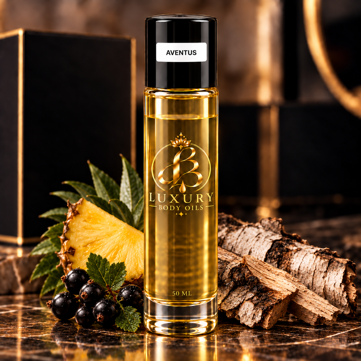 Aventus inspired body oil, styled product photo