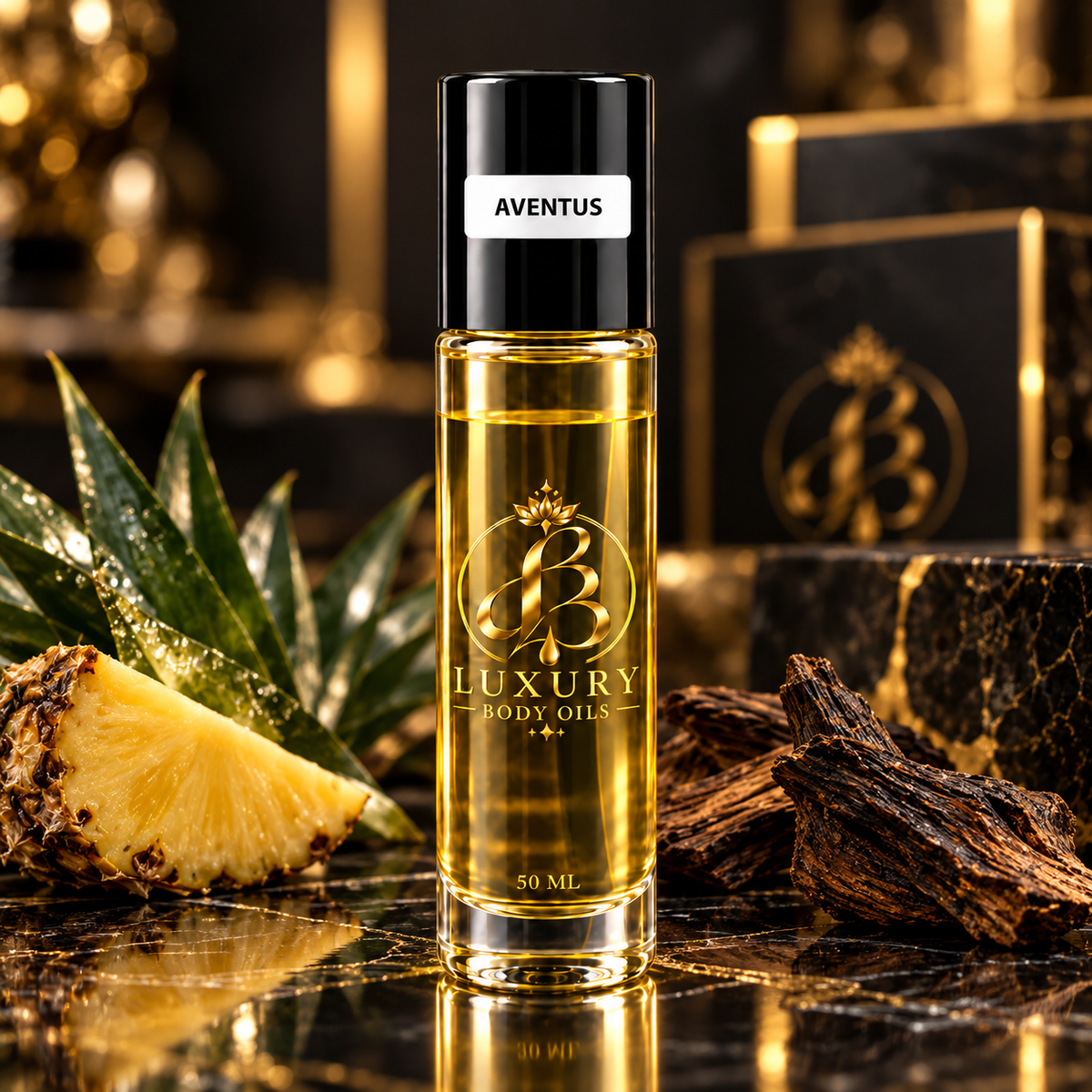 Aventus inspired Luxury Body Oils, 50 mL styled clear glass bottle