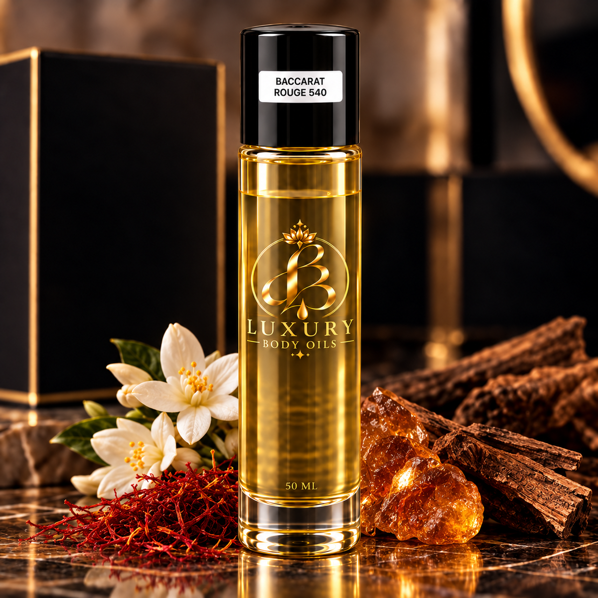 Baccarat Rouge 540 inspired body oil, styled product photo