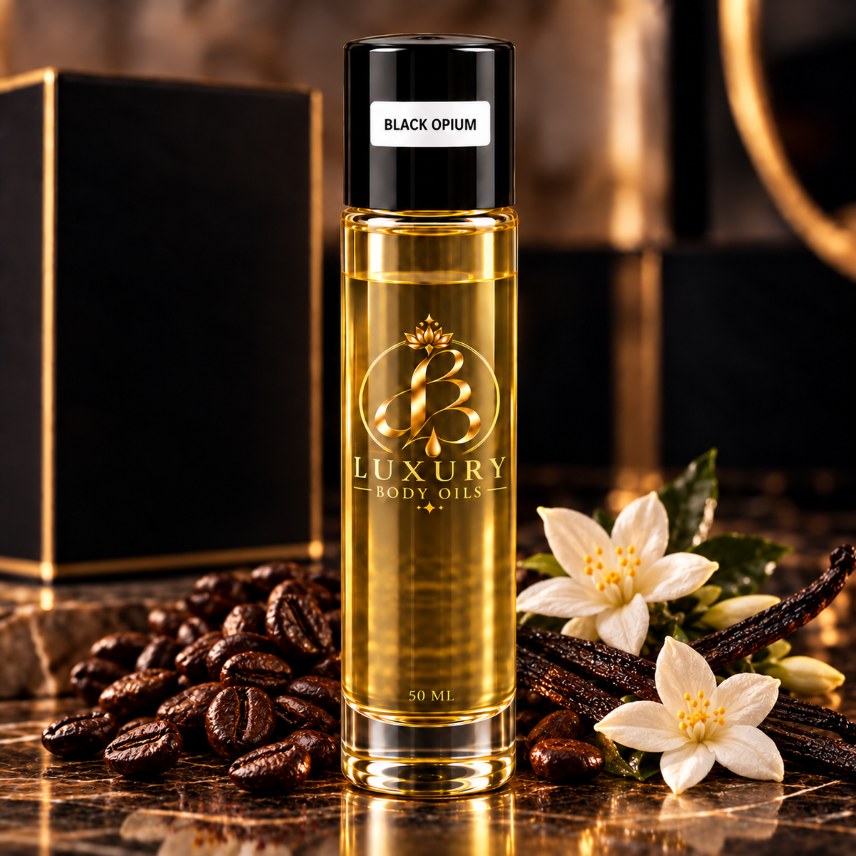 Black Opium inspired body oil, styled product photo