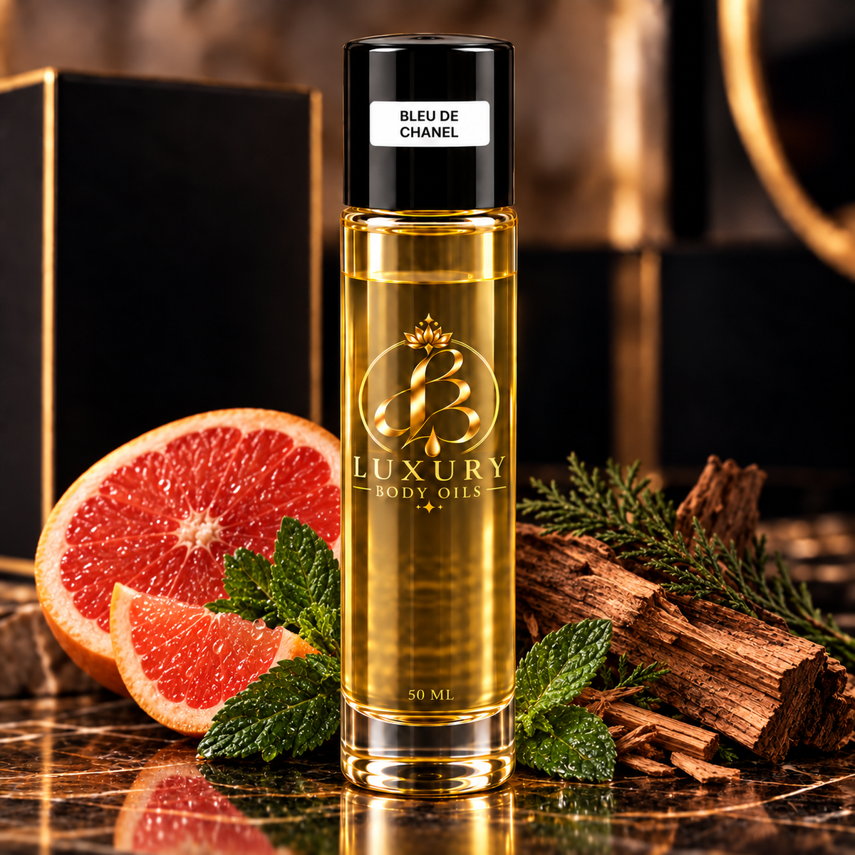 Bleu de Chanel inspired body oil, styled product photo