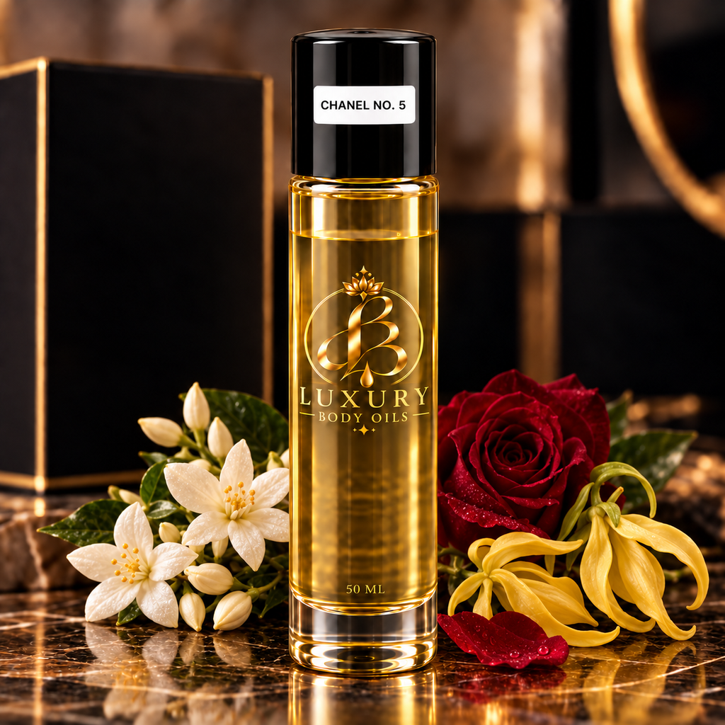 Chanel No. 5 inspired body oil, styled product photo
