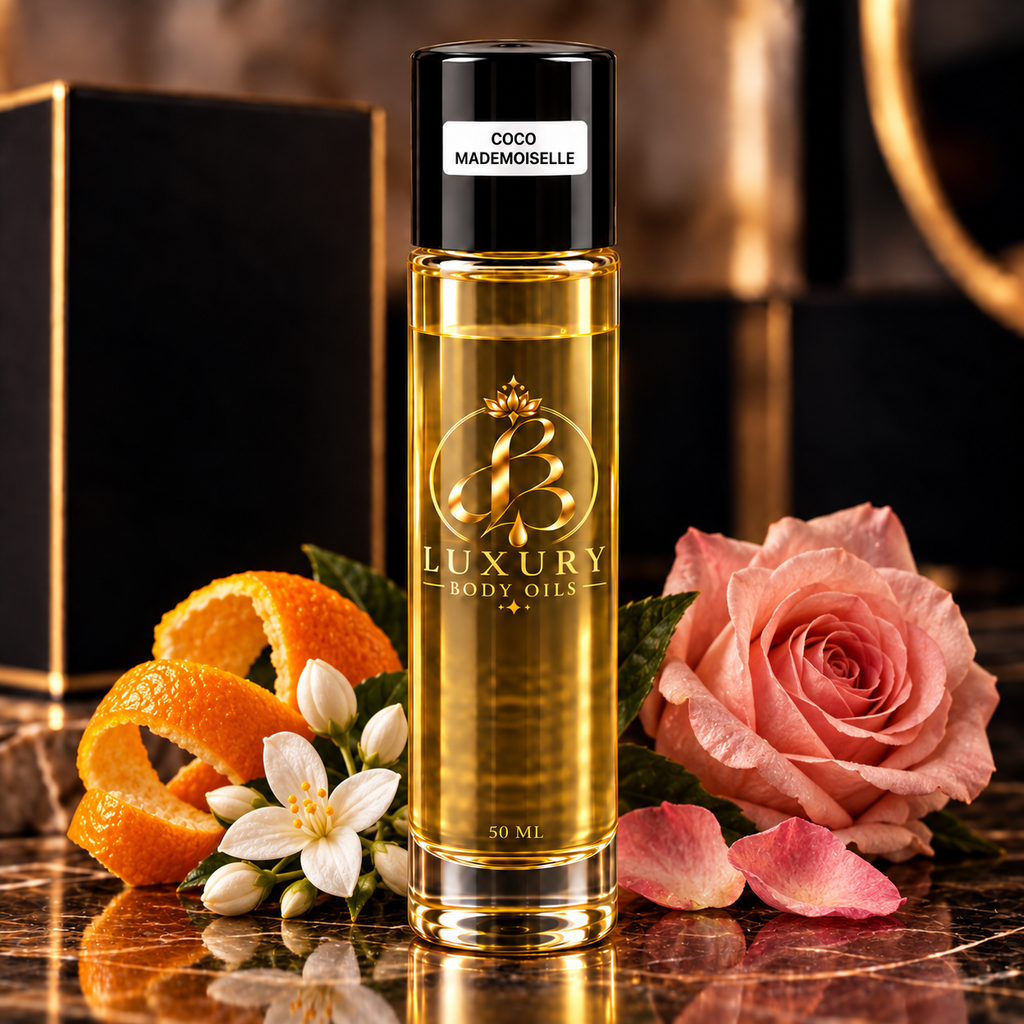 Coco Mademoiselle inspired body oil, styled product photo