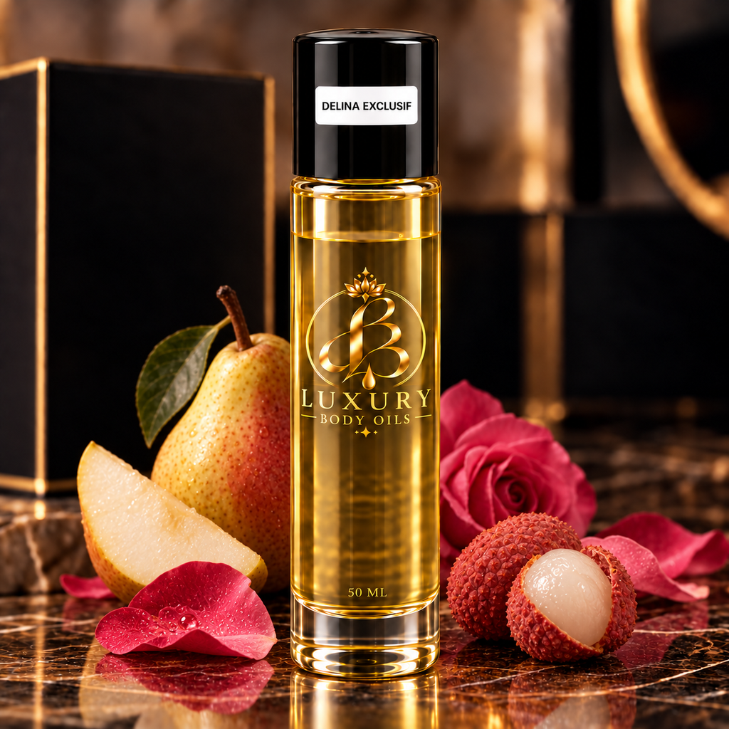 Delina Exclusif inspired body oil, styled product photo