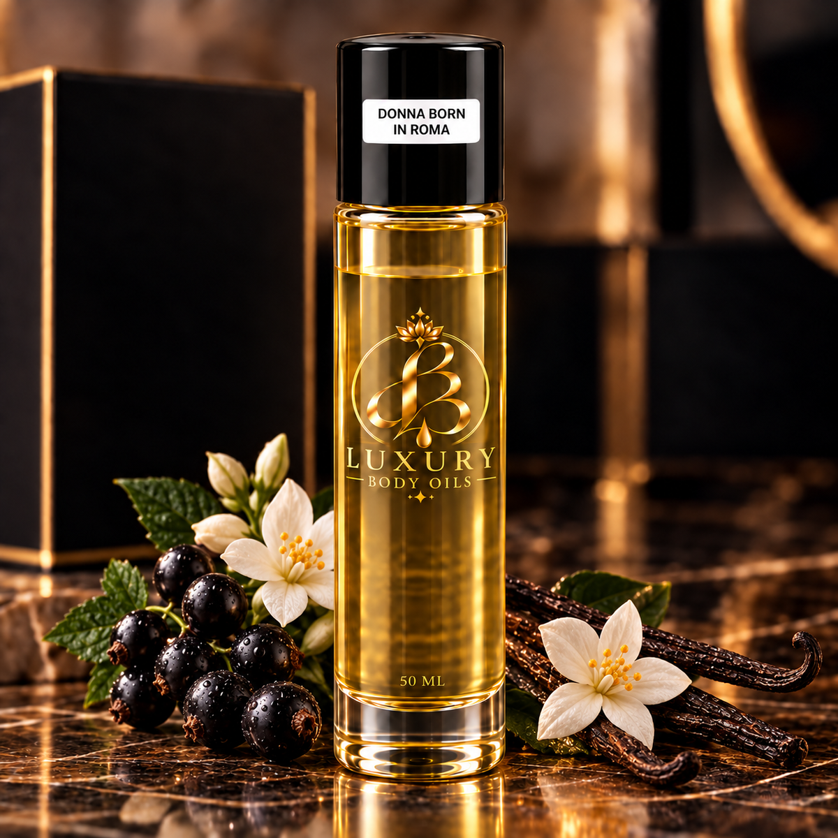 Donna Born in Roma inspired body oil, styled product photo