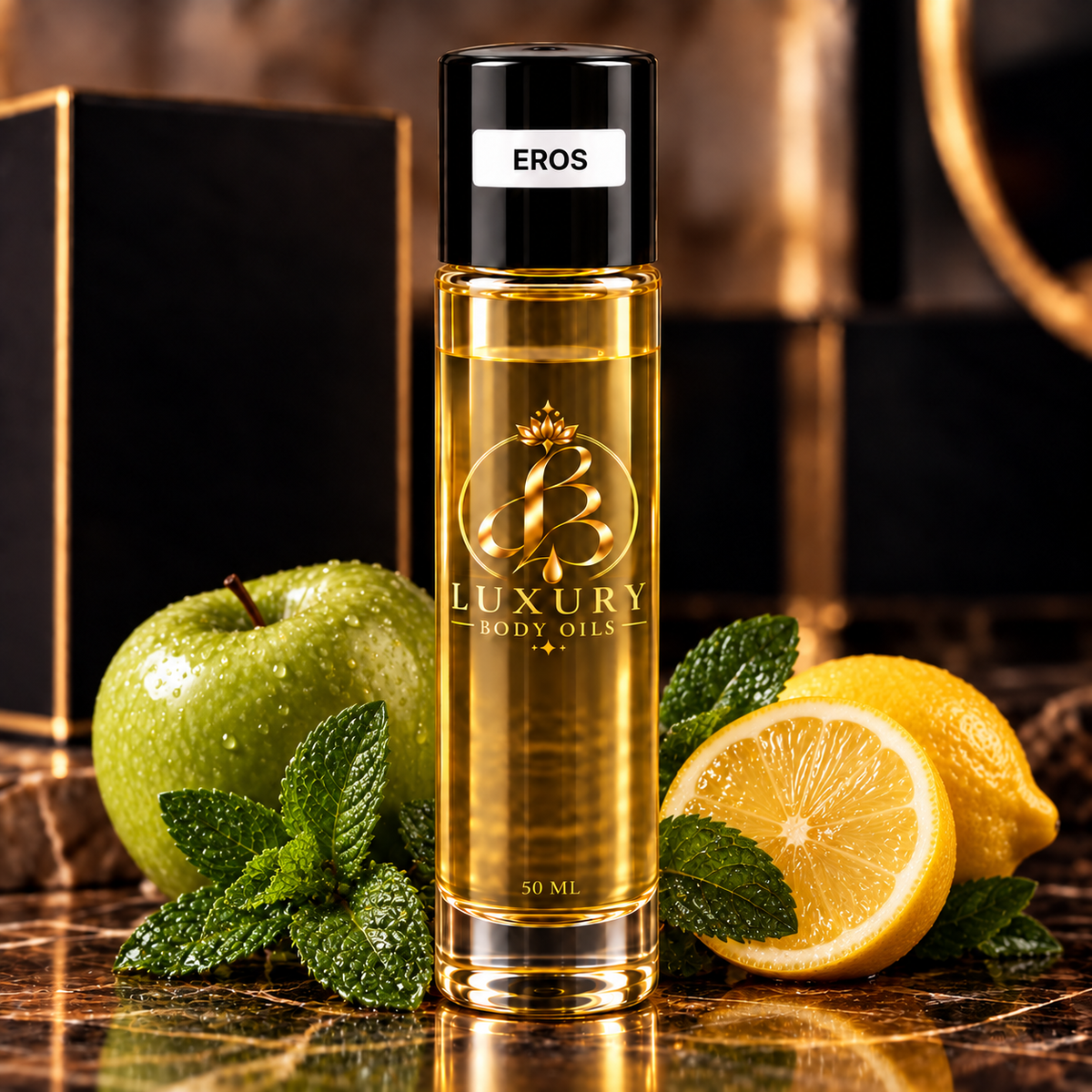 Eros inspired body oil, styled product photo