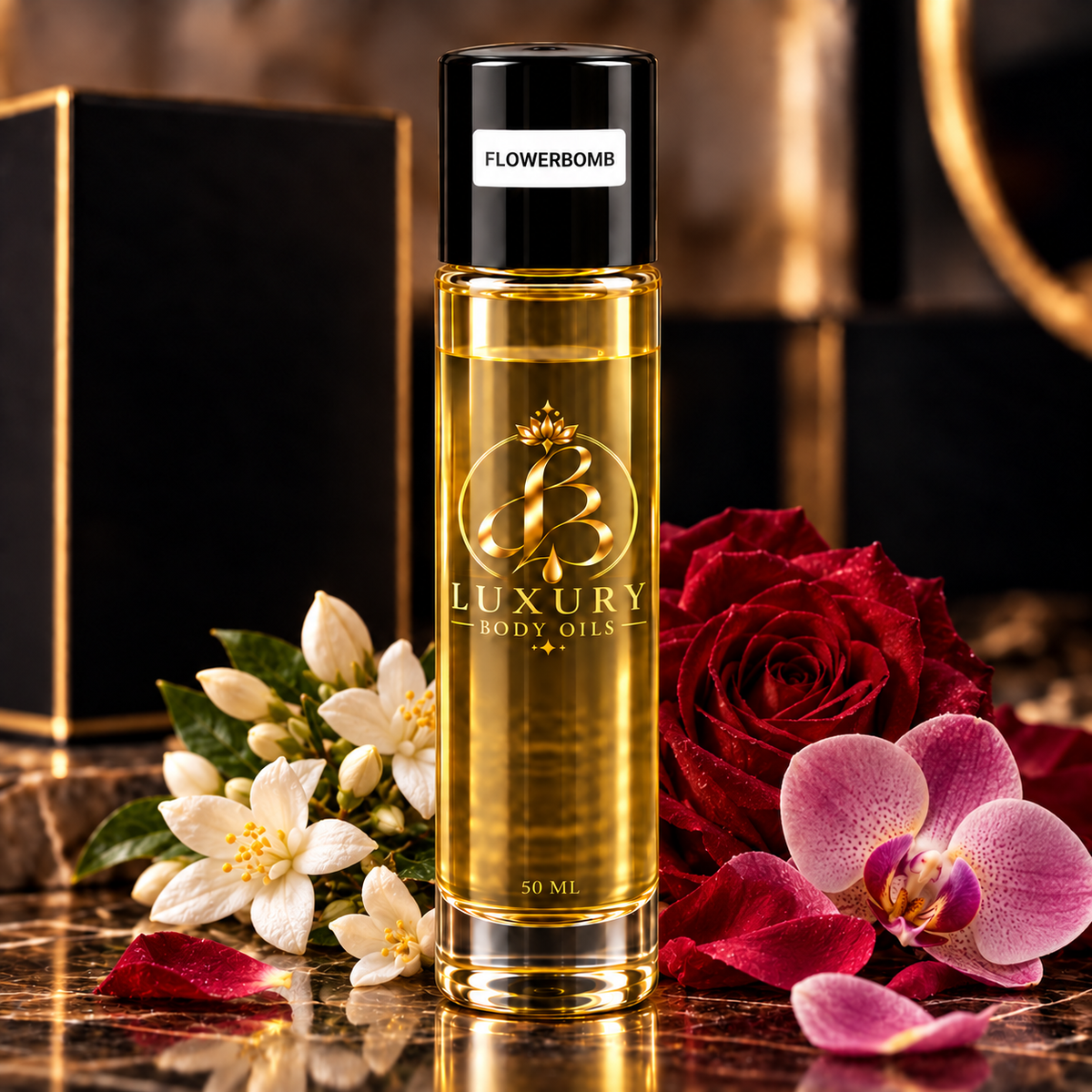 Flowerbomb inspired body oil, styled product photo