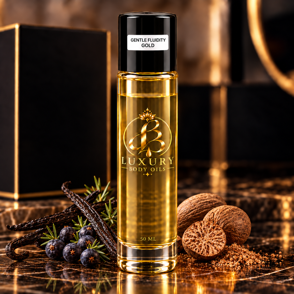 Gentle Fluidity Gold inspired body oil, styled product photo