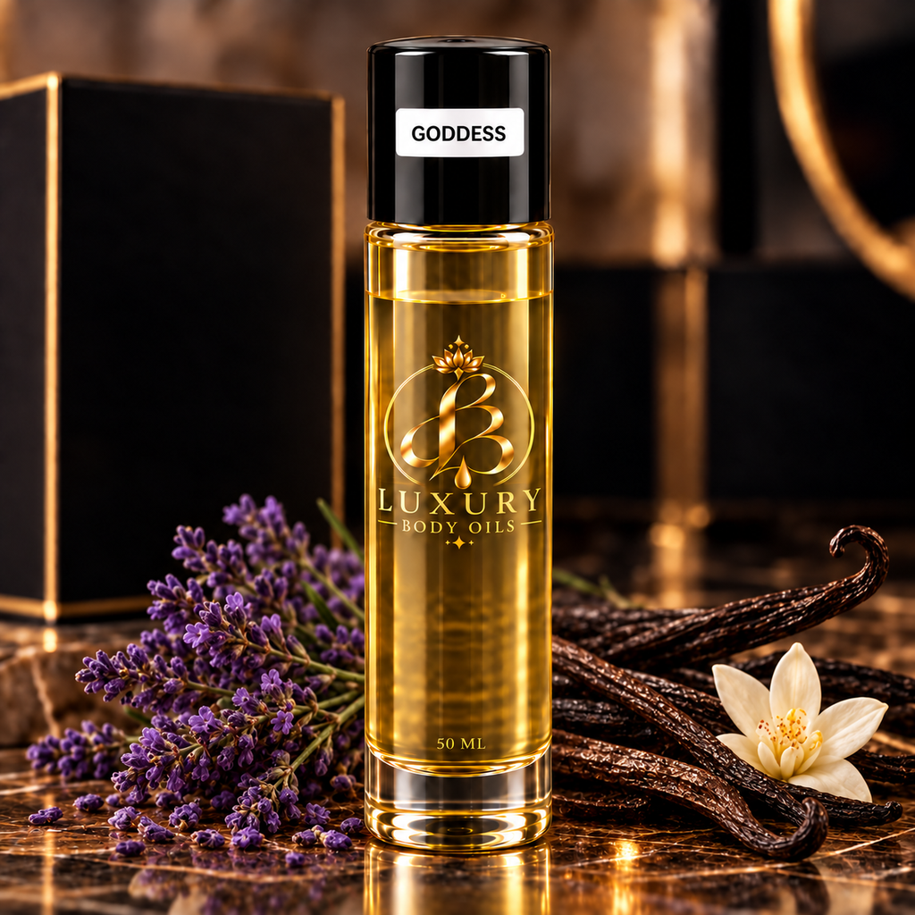 Goddess inspired body oil, styled product photo