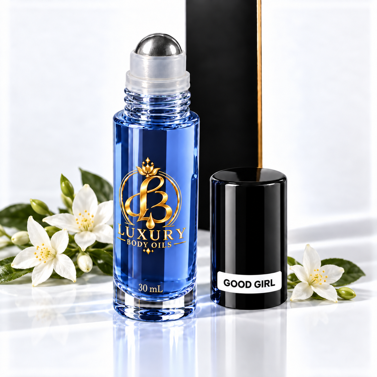 Carolina Herrera Good Girl inspired Luxury Body Oils, 30 mL open three-quarter view