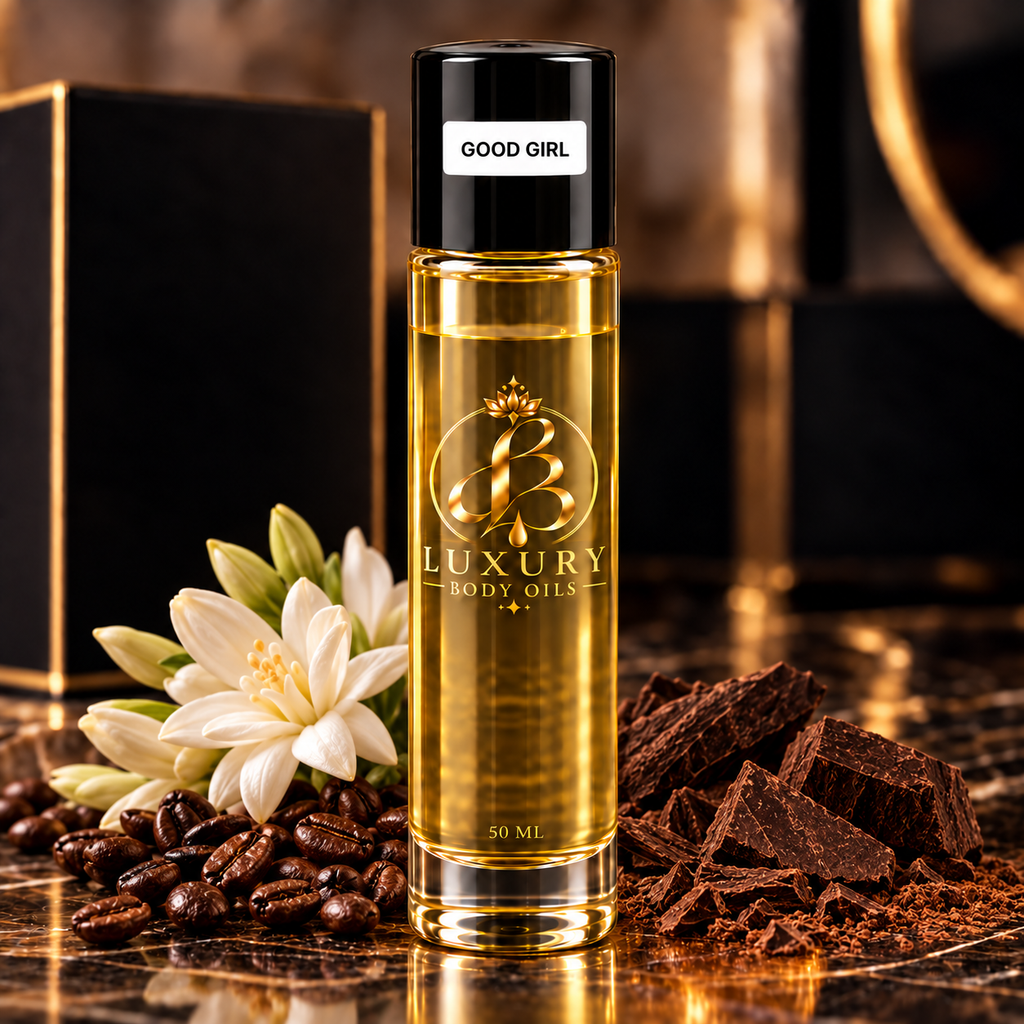 Good Girl inspired body oil, styled product photo