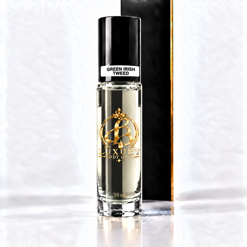 Green Irish Tweed inspired Luxury Body Oils, 10 mL capped front view — clear glass with nearly clear, faint straw-tinted oil