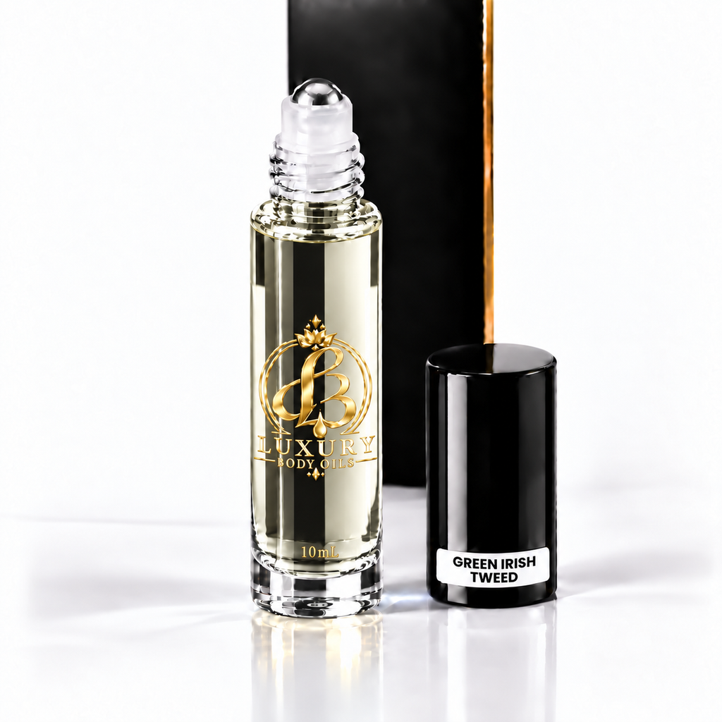 Green Irish Tweed inspired Luxury Body Oils, 10 mL cap-off three-quarter view — clear glass with nearly clear, faint straw-tinted oil