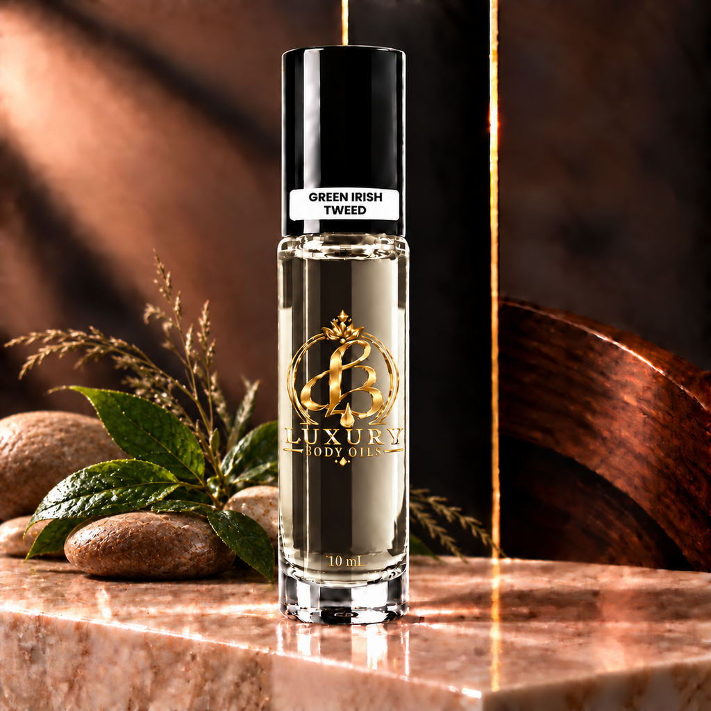 Green Irish Tweed inspired Luxury Body Oils, 10 mL stylized view — clear glass with nearly clear, faint straw-tinted oil