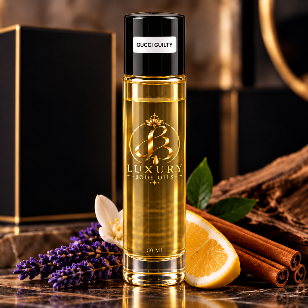 Gucci Guilty inspired body oil, styled product photo