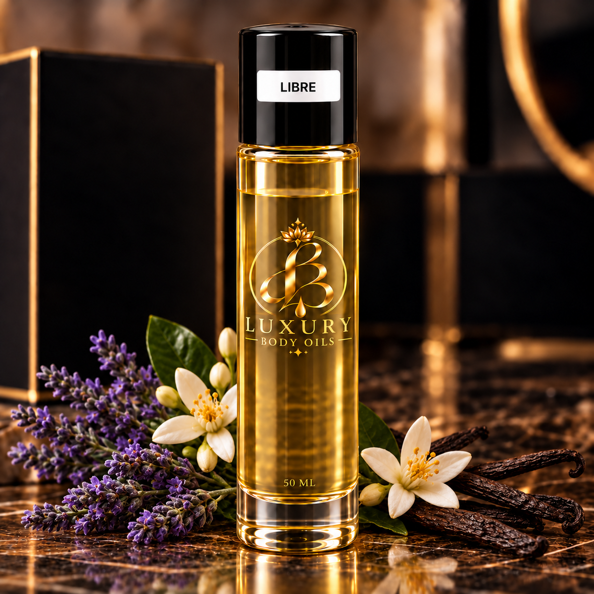 Libre inspired body oil, styled product photo