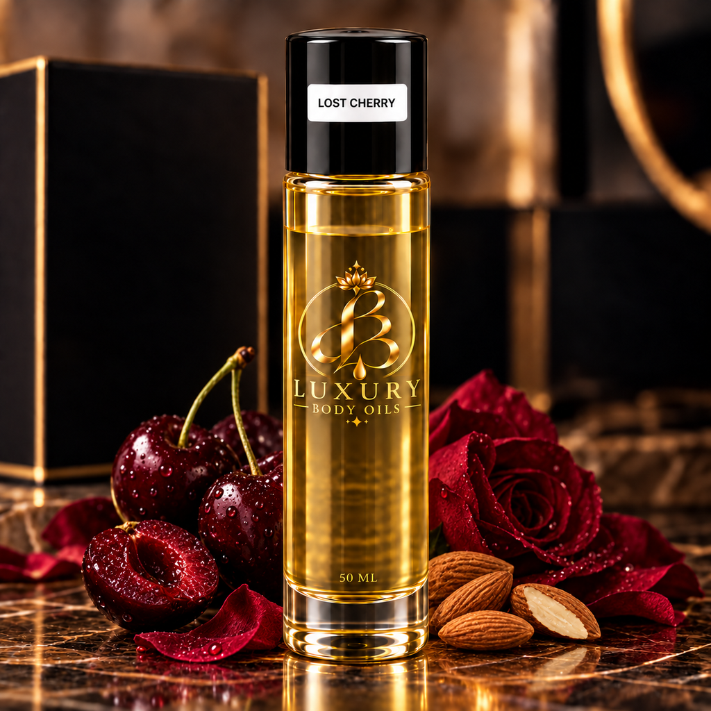 Lost Cherry inspired body oil, styled product photo