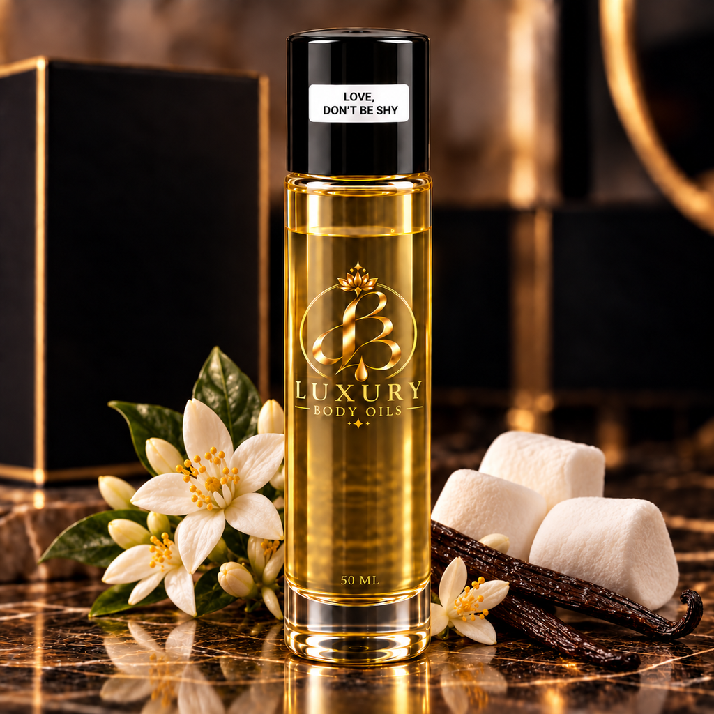 Love, Don't Be Shy inspired body oil, styled product photo