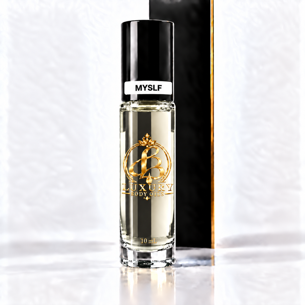 MYSLF inspired Luxury Body Oils, 10 mL capped front view — clear glass with nearly clear oil