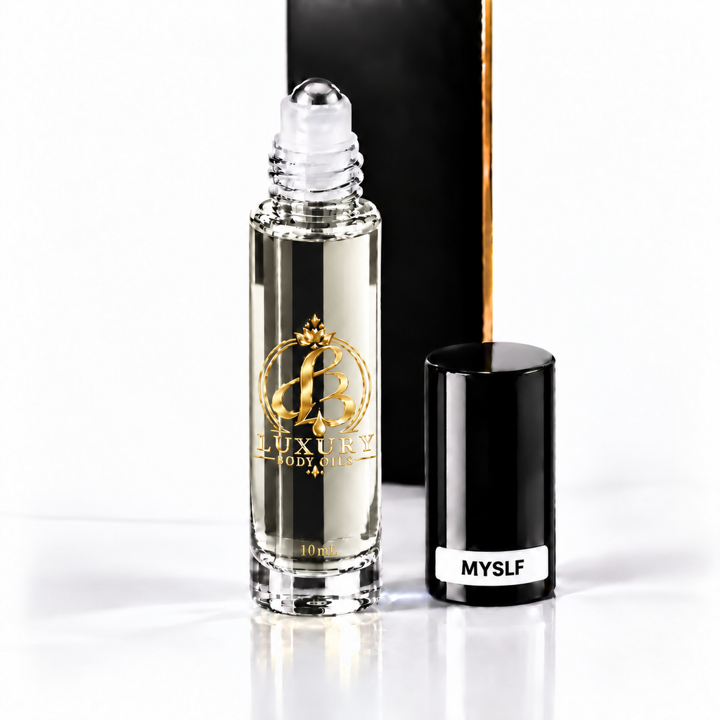 MYSLF inspired Luxury Body Oils, 10 mL cap-off three-quarter view — clear glass with nearly clear oil