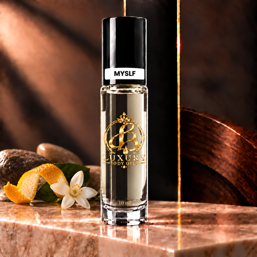 MYSLF inspired Luxury Body Oils, 10 mL stylized view — clear glass with nearly clear oil