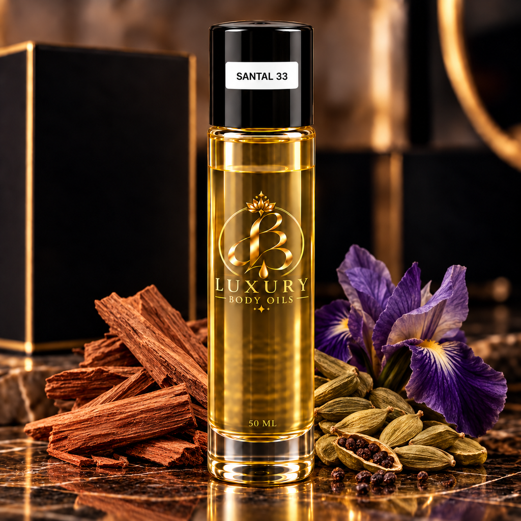 Santal 33 inspired body oil, styled product photo