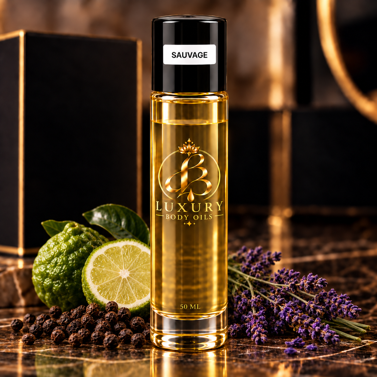 Sauvage inspired body oil, styled product photo