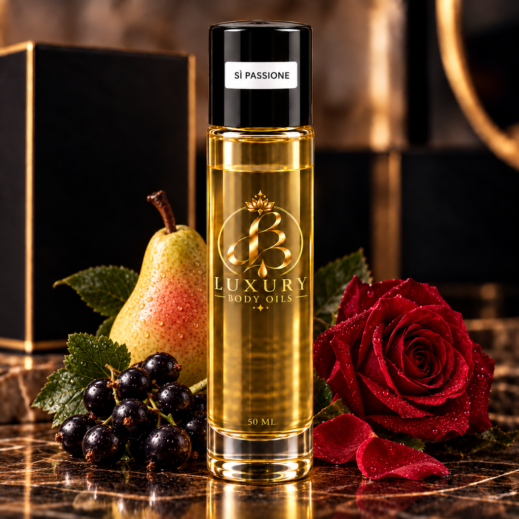Sì Passione inspired body oil, styled product photo