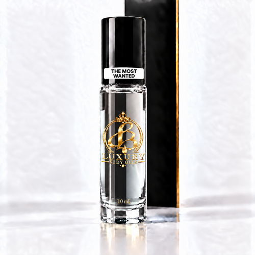 The Most Wanted inspired Luxury Body Oils, 10 mL capped front view — clear glass with nearly clear oil