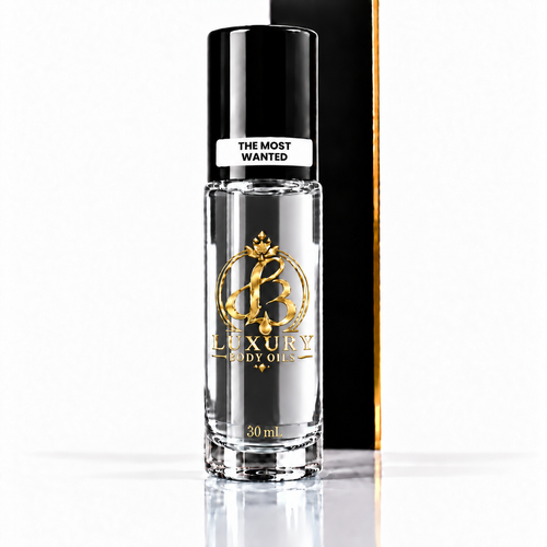 The Most Wanted inspired Luxury Body Oils, 30 mL capped front view — clear glass with nearly clear oil