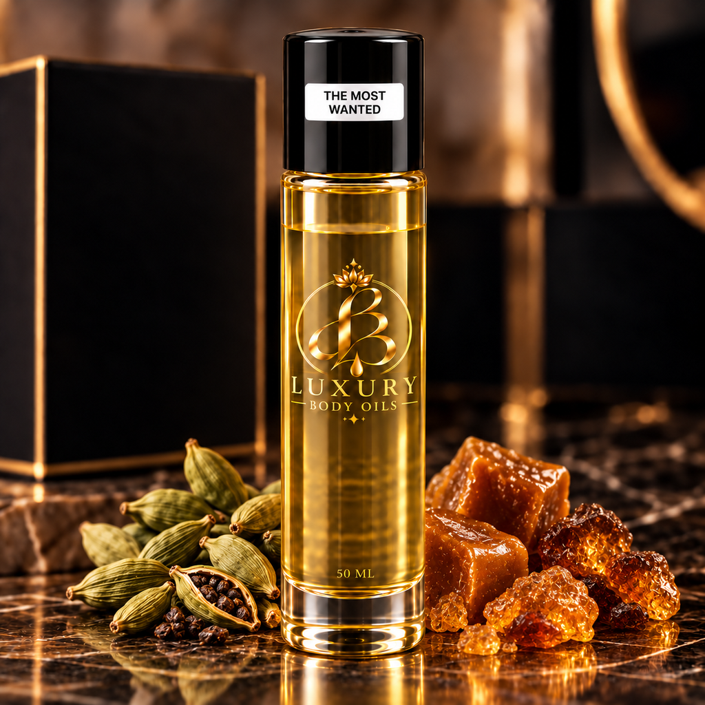The Most Wanted inspired body oil, styled product photo