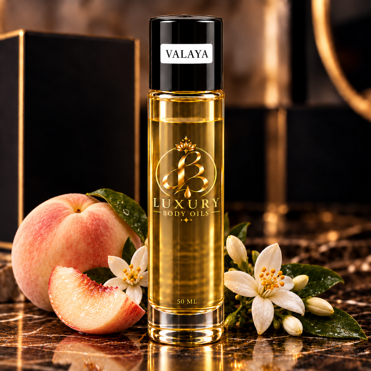 Valaya inspired body oil, styled product photo